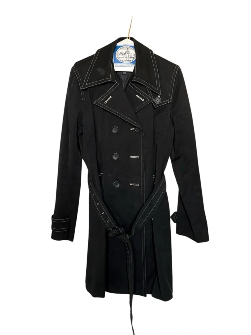 Vintage Banana Republic Black Cotton Trench Coat Contrast Stitch Belted L